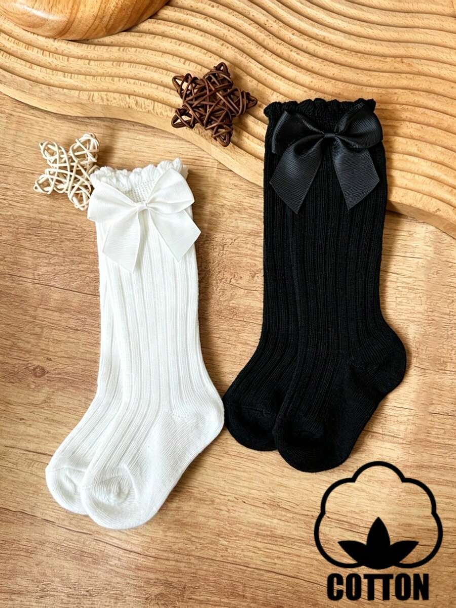 2雙女童蝴蝶結純棉高筒襪,透氣不悶汗,多巴胺配色長小腿襪 - 彩色 - 查看 1