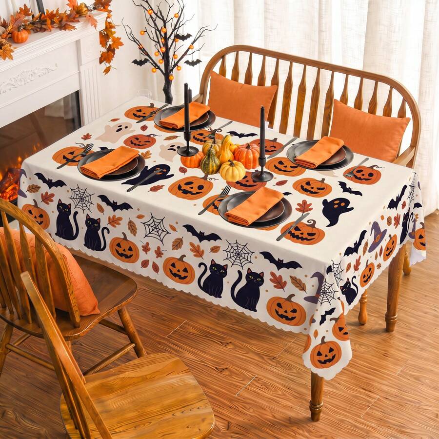 1pc Halloween Pumpkin Bat Spider Web Print Rectangular Tablecloth, Suitable For Holiday, Party, Birthday, Dinner, Restaurant Table Decoration, Halloween Home Autumn/Winter Decor - A - View 1