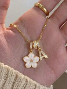 1pc Five-Petal Flower & Copper Zirconia Initial Letter Multi-Pendant Necklace For Girls Anniversary Dates Parties Prom Birthday Gift For Daily Wear - White - View 2