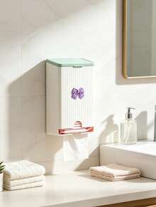 Cute Bow Wall-Mounted Tissue Box, Bathroom Sanitary Napkin Storage Box, Vertical Striped Textured Shell, No-Drill Adhesive Wall Installation. Smooth Dispensing Opening, Can Hold Face Towels, Tissues, Flip-Top Design For Easy Refill. White And Pink Contrast Color Girly Style, Suitable For Bathroom Vanity, Frees Up Countertop Space, Practical Home Storage For Face Towels And Tissues. - Multicolor - View 6