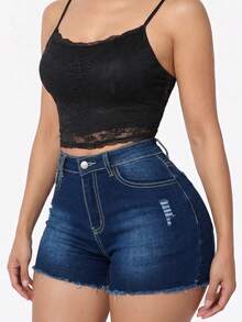 Vacation Style Women's Pocketed Ripped Frayed Hem High Waist Denim Shorts Casual Summer - Blue - View 3