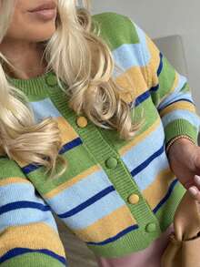 Cardigan Kancing Depan Bergaris Warna-warni Bergaya Prancis yang Elegan dan Intelektual untuk Wanita, Cocok untuk Pemakaian Sehari-hari, Kencan, dan Lainnya. - MultiWarna - View 2