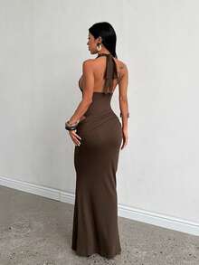 1pc Solid Color Elegant Knit Hollow Out Dress For Beach Wedding Vacation Summer - Brown - View 2