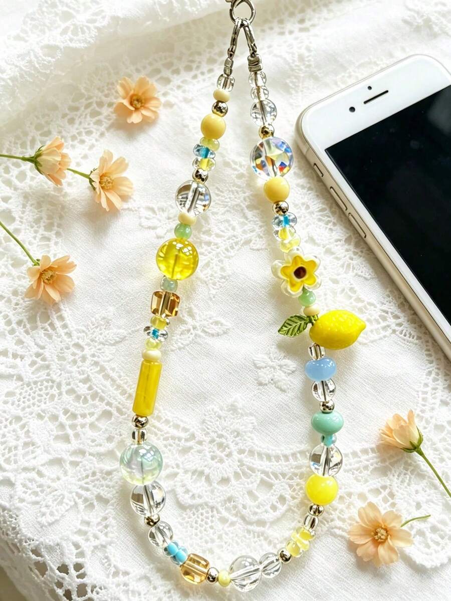 Cute Lemon Beaded Phone Charm Strap, Handmade Colorful Bead Wrist Lanyard, Decorative Phone Chain For Women Girls, Key Camera Pendant Accessory - Multicolor - View 1