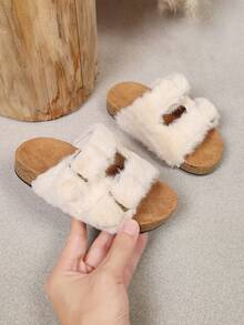 Parent-Child Plush Buckle Slippers, Mother-Son Mother-Daughter Matching Style, Autumn/Winter Soft Cork Sole Indoor/Outdoor Warm Fuzzy Slippers - Beige - View 3