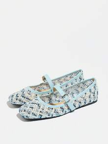 Plus Size Women's Mary Jane Shoes New Spring/Summer Blue Hollow Mesh Breathable Low Vamp Flat Casual Vacation Comfortable Shoes - Baby Blue - View 9
