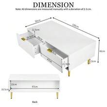 Modern White Coffee Table With Gold Accents, 2 Drawers, Vertical Stripe Design, 100*50*40cm, Living Room Coffee Table, Low Sofa Table - White + Gold - View 6
