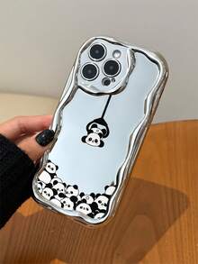 Electroplated Silver Glossy Wavy Frame Hanging Lanyard Cute Panda Phone Case, High Gloss Full Coverage Anti-Drop Protective Shell, Compatible With Apple 11/12/13/14/15/16/17/PRO/PROMAX/PLUS/AIR And Other Phone Models - Silver - View 1