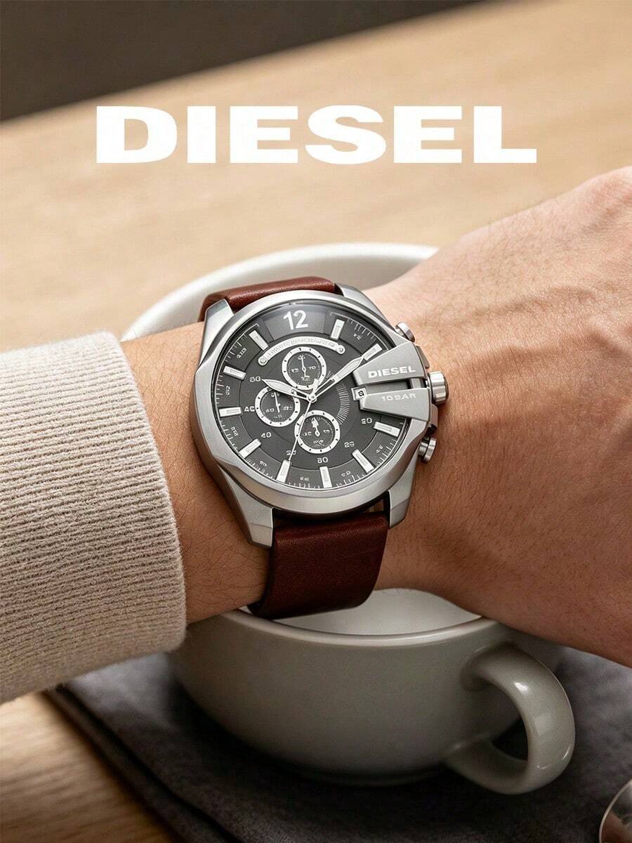 DIESEL Men's Large Dial Quartz Watch, Silver Case, Brown Leather Strap, Multifunction Chronograph, Watch - Grey - View 1