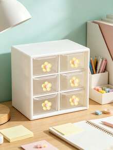 Sweet Style Multi-Compartment Drawer Storage Box, Jewelry And Cosmetic Organizer, Cream White Shell With Delicate Floral Accents, Transparent Drawers For Easy Visibility. Multi-Compartment Design For Categorized Storage Of Hair Ties, Hair Clips, Earrings, Jewelry, And Makeup Tools, Say Goodbye To Desktop Clutter. Compact Design Doesn't Take Up Much Vanity Space, Smooth Sliding Drawers, Combines Aesthetics And Practicality, Perfect Storage Item For Girls' Bedroom Desk, Keeps Small Items Neatly Organized. - Multicolor - View 8