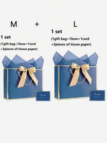 Gift Set For Her/Him 1pc/2pcs, Includes Gold Ribbon, Tissue Paper And Blue Gift Bag, Blue Gift Bag With Gold Trim And Handle, Paper Gift Bag, Shopping Bag, Gift Bag With Bow Ribbon, Suitable For Wedding, Birthday, Valentine's Day, Christmas - Multiple Styles - View 9