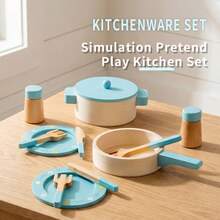1 Set Wooden Pretend Play Kitchen Toy Set For Kids, Wooden Pots, Pans, Knives, Forks And Tableware, Early Education Role Play Kitchen Toys - Multicolor - View 3