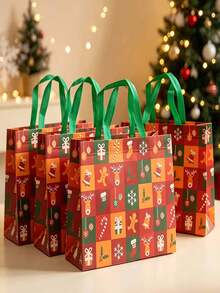 4pcs Christmas Plaid Pattern Gift Tote Bags, Reusable Shopping Bags, Christmas Holiday Gift Party Supplies - Multicolor - View 2