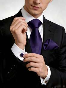1 Set Men's 8cm Textured Tie, Pocket Square And Cufflinks Set, Suitable For Business Meetings, Wedding Party Groom Tie Set - Purple - View 1