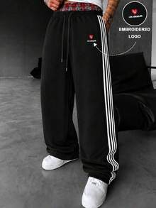 YUNCHIC Los Angeles Embroidered Side Stripe Sweatpants, Plaid Elastic Double Waistband Drawstring Casual Street Joggers - Black - View 1