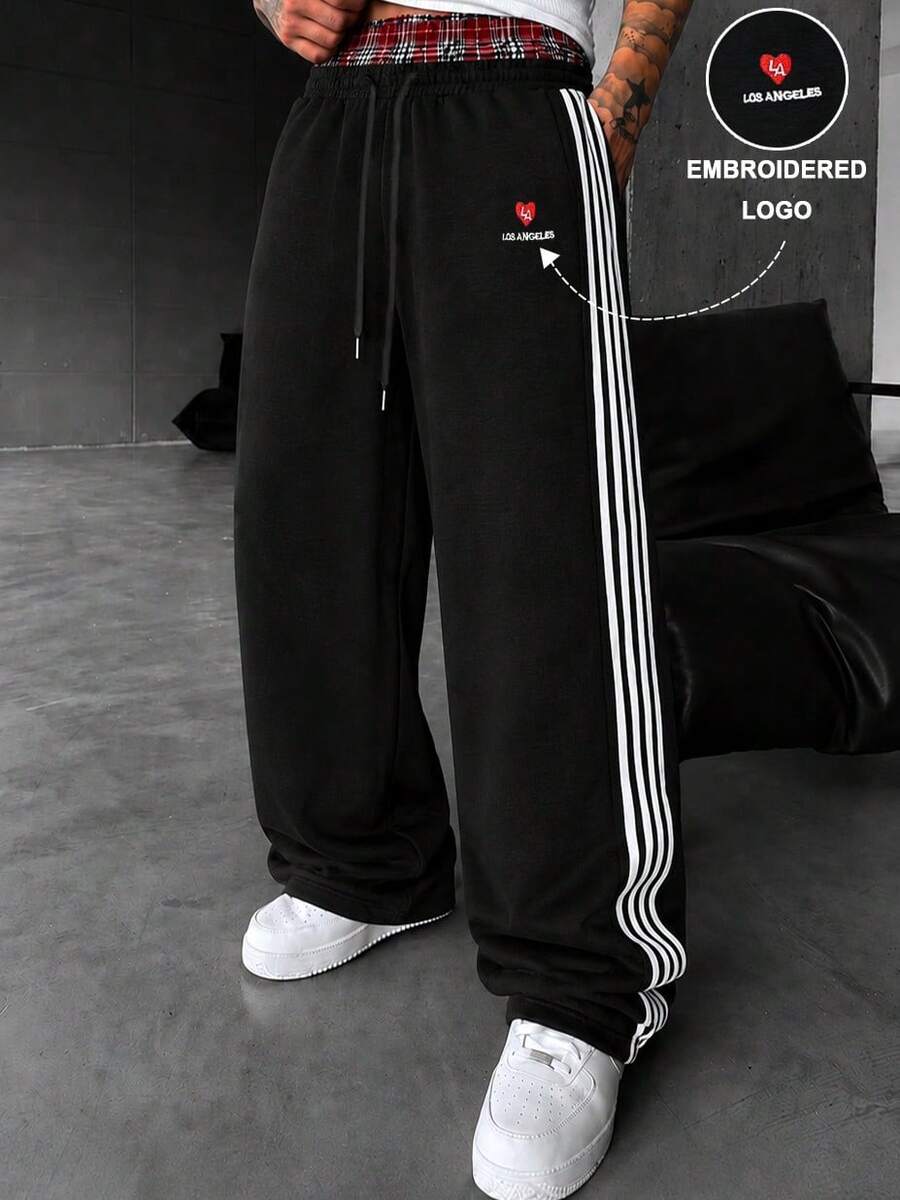 YUNCHIC Los Angeles Embroidered Side Stripe Sweatpants, Plaid Elastic Double Waistband Drawstring Casual Street Joggers - Black - View 1