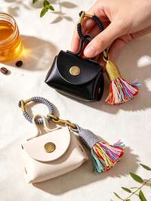 Tassel Decor Mini PU Coin Purse,Portable Keychain Pouch,Earphone Cable Storage Bag,Braided Lanyard Accessory,Boho Small Bag Charm For Handbag,Keys - Multicolor - View 4