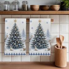 2PCS Christmas Tree & Deer Pattern Printed Kitchen Towels, 40*60cm Rectangular Microfiber Dish Cloths, Hand Towels, Christmas Kitchen Decor, Home Decor, Housewarming Gift For Neighbors, Perfect For Kitchen And Bathroom Use, Ideal For Housewives And Family Gatherings, High Value, Household Essential - Multicolor - View 1