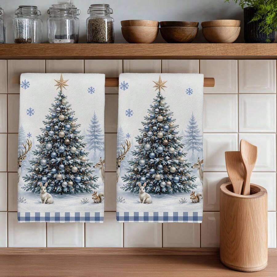 2PCS Christmas Tree & Deer Pattern Printed Kitchen Towels, 40*60cm Rectangular Microfiber Dish Cloths, Hand Towels, Christmas Kitchen Decor, Home Decor, Housewarming Gift For Neighbors, Perfect For Kitchen And Bathroom Use, Ideal For Housewives And Family Gatherings, High Value, Household Essential - Multicolor - View 1