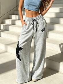 Women's Star Patchwork Drawstring Sweatpants, Spring Casual Jogging Pants, Loose Fit, Running Fitness Multi-Purpose Long Pants - Grey - View 1