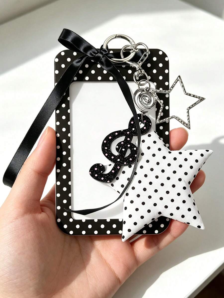 Exquisite Polka Dot ID Card Holder, Music Element Hanging Card Sleeve, Lucky Star Card Pouch, Wavy Transparent Card Holder With Keychain, Delicate Girl Accessory, Work Badge Protector; No RFID Function, With Detachable Keychain And Detachable Lanyard/Pendant - With ID Window And Card Slot, Suitable For ID Card, Student ID, Meal Card, Work Pass And Subway Access Card, Back To School Essential, Ideal Gift For Girls - Multicolor - View 1