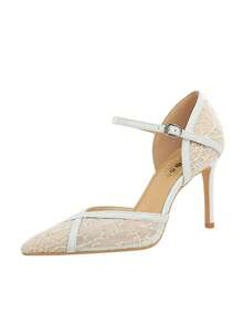 European And American Style Sexy Party High Heel Women's Shoes With Single Strap Pointed Toe Stiletto Heel Premium Lace Mesh Pumps - White - View 16