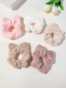 5pcs Set Baby Girl Children Autumn/Winter Cat Ear Plush Scrunchie Hair Ties, Simple Princess High Elasticity High Ponytail Hair Bands, Daily Use - Multicolor - View 2