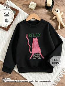 Tween Girl Funny Pink Cat Letter Graphic Crew Neck Sweatshirt, Soft Cotton Long Sleeve Basic Pullover Top - Black - View 7