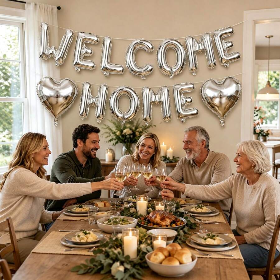 Gold Black Silver WELCOME_HOME Letter Banner Heart Balloon Welcome Home Foil Letter Balloon Banner Decoration - Multicolor - View 1
