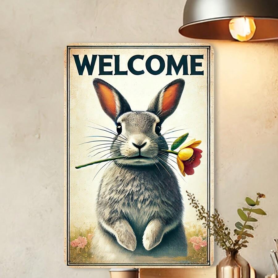 Square Iron Vintage Bunny Welcome Sign | Charming Bunny With Flowers, Metal Wall Decor, Rustic Farmhouse Style, Suitable For Home, Bar, Garage Or Outdoor Celebration, Frameless Design