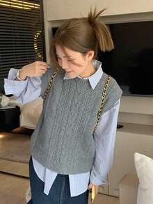 [Y6Y]1pc Women's Sweater Vest, Autumn/Winter Korean Style Thick Retro Cable Knit Top, Suitable For Layering With Shirts And T-Shirts - Grey - View 3