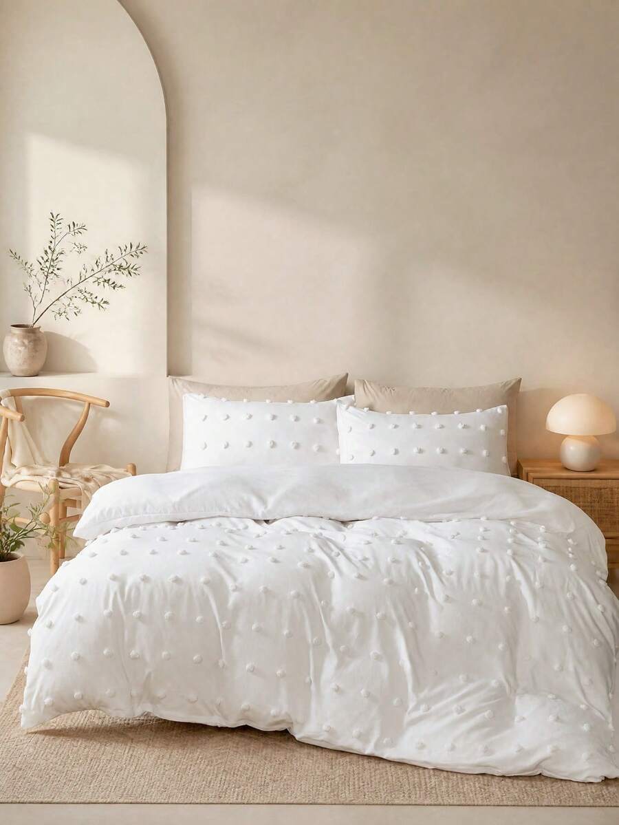 3 PiecesReversible Flocked White Pattern Duvet Cover Set (1 Duvet Cover + 2 Pillow Shams, Pillow Inserts Not Included), Soft Dual-Color Design Bedding Set, Suitable For Bedroom, Guest Room, Dorm - White - View 1