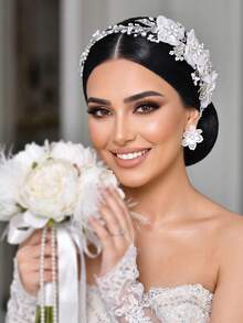 1pc Sparkling Alloy Leaf Flower Headband Exquisite Rhinestone Bead Bridal Headpiece Suitable For Wedding Holiday Party Women's Hair Accessories - Silver - View 6