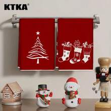 2pcs Christmas Kitchen Dish Towels, Christmas Tree & Stocking Silhouette Print Napkins, Holiday Winter Home Decor Kitchen Hand Towels - Red - View 6