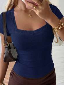 NOIRLYN Women's T-Shirt, Summer Y2K Sexy Lace Patchwork Casual Square Neck Short Sleeve Top - Navy Blue - View 4