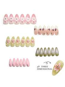 10pcs Y2K Wearable Nails, 3D Flower, Ladybug & Plaid Pattern, Medium Almond Shape Acrylic Nails, Suitable For Summer Vacation & Daily Gatherings - Multicolor - View 3