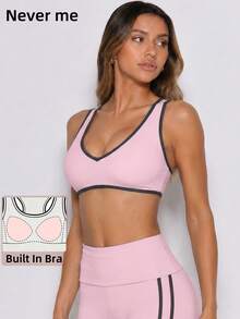 Never me Women's Colorblock Trim V-Neck Sports Bra For Yoga, Pilates, Outdoor Jogging, Daily Commute - Pink - View 3