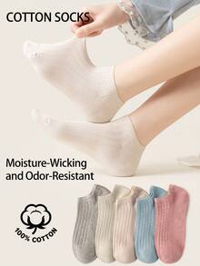 5 Pairs Women's Pure Cotton Invisible Socks, Ribbed Thin Low-Cut Socks, Moisture-Wicking, Odor-Resistant, Breathable Casual Socks - Multicolor - View 11