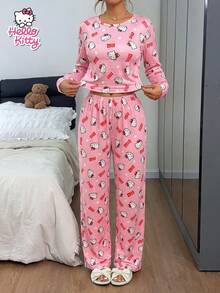SANRIO 2 قطعة/مجموعة ملابس منزلية للبنات بطبعة Hello Kitty وردية كاملة، ملابس علوية بأكمام قصيرة وطويلة + بنطال بساق مستقيمة، ناعمة وصديقة للبشرة ومريحة بأسلوب حلو وجميل - وردي - مشاهدة 6