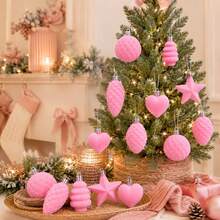 10Pcs Flocked Ornaments For Christmas Tree Holiday Hanging Decorations - Pink - View 3