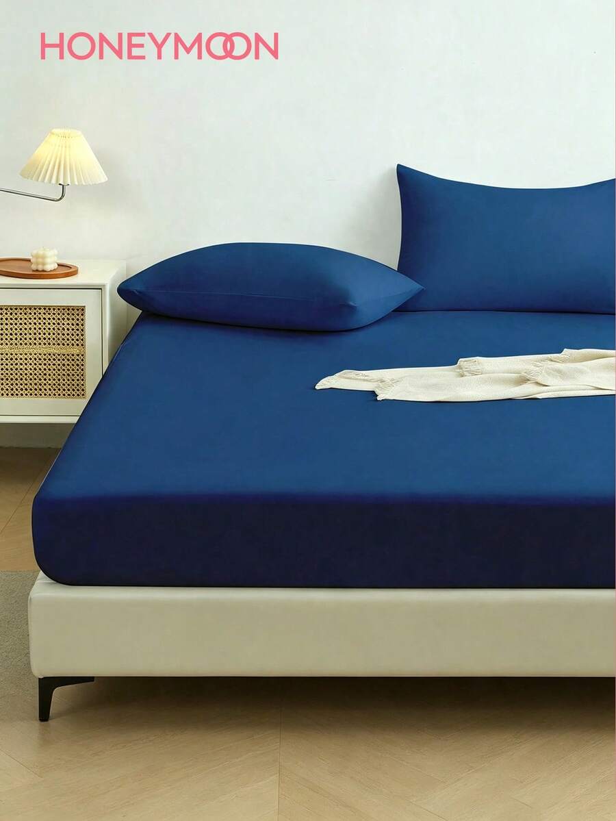 1pc Solid Color Fitted Sheet, Mattress Protector, Soft & Breathable, Fits Twin, Full, Queen, King Size Beds, Essential Bedding For Home And Dorm - Navy Blue - View 1