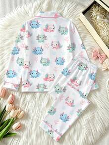 Cute Western Hexagon Dinosaur Print Element Children's Pajamas, Long Sleeve Cardigan Button + Long Pants 2 Pieces Set, Soft Comfortable Breathable - White - View 2