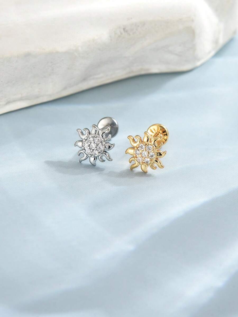 2pcs Bohemian Exquisite Hypoallergenic Stainless Steel Inlaid Transparent Cubic Zirconia Sunflower Shape Internal Threaded Stud Earrings, Multi-Functional Ear Cartilage Lip Body Piercing Jewelry, Suitable For Women's Daily Casual Wear - Sunflower - View 1