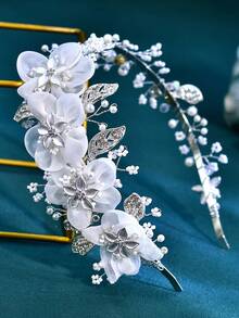 1pc Sparkling Alloy Leaf Flower Headband Exquisite Rhinestone Bead Bridal Headpiece Suitable For Wedding Holiday Party Women's Hair Accessories - Silver - View 5