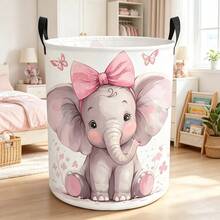 1 cái giỏ đựng đồ giặt tròn họa tiết hoa voi dễ thương nơ hồng, dung tích lớn, có tay cầm, gấp gọn được, dùng cho phòng ngủ, ký túc xá, sắp xếp nhà cửa - Hồng - Xem 1