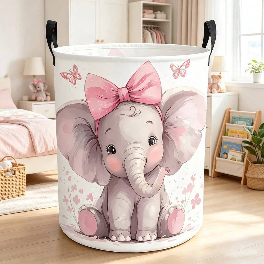 1 cái giỏ đựng đồ giặt tròn họa tiết hoa voi dễ thương nơ hồng, dung tích lớn, có tay cầm, gấp gọn được, dùng cho phòng ngủ, ký túc xá, sắp xếp nhà cửa - Hồng - Xem 1