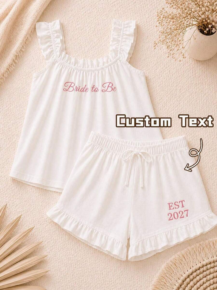 Personalized Bridal Pajama Set, Ruffled Vest And Shorts, Embroidered Bridal Pajamas - Multicolor - View 1