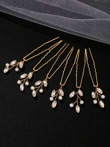 6Pcs Elegant Gold Pearl Rhinestone Bridal Hair Pins Set Crystal Leaf U-Shaped Wedding Hair Forks For Bridesmaid Prom Party Hair Accessories - Multicolor - View 2