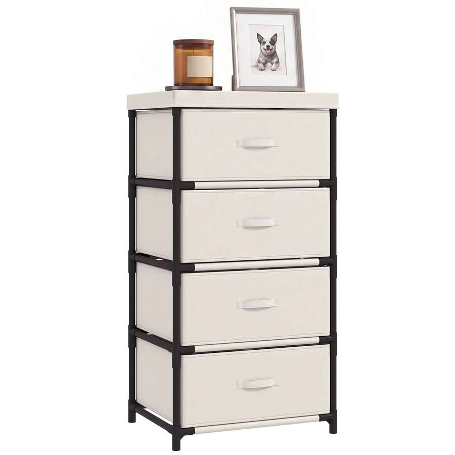 HOMCOM Cómoda con 4 Cajones de Tela, Cómoda para Dormitorio, Marco de Acero, Montaje Rápido, Cajonera para Salón, Oficina, Vestidor, Beige - Beis - Ver 1