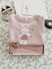 2Pcs/Set Baby Girl Cute Rabbit Applique Embroidery Round Neck Long Sleeve Top & Fine Plaid Long Pants Casual Outfit - Pink - View 7
